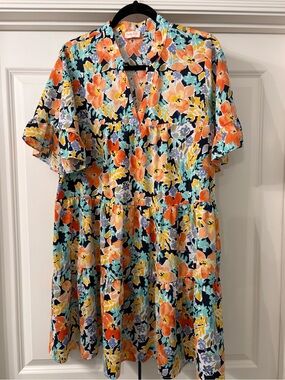 Floral Tiered V-Neck Women's Dress in Orange & Aqua